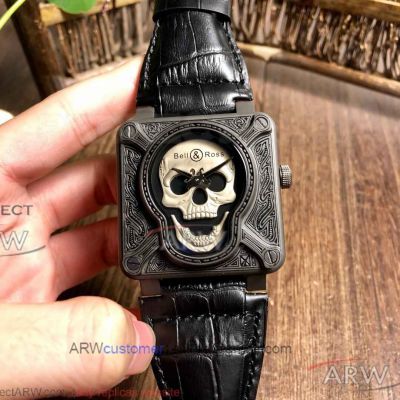 Perfect Replica Bell And Ross BR-01 Skull Black Dial Black Leather Strap 46mm Watch